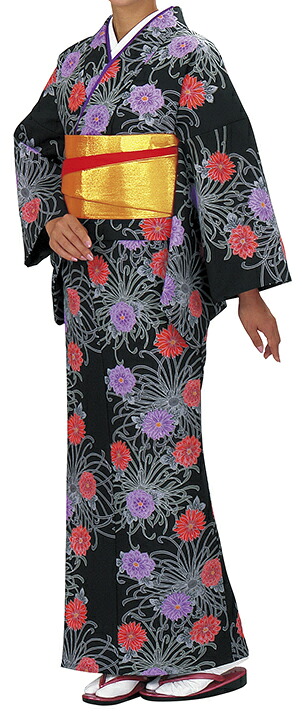 踊り衣裳 反物 柚印 手染小紋着尺 黒（赤・紫） 取り寄せ商品 日本の踊り 掲載 踊り絵羽 稽古 習い事 舞踊 民謡 発表会 《女性用 レディース 洗える着物》[tss]