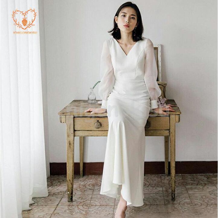 ウェディングドレス wedding dress ライトドレス 花嫁ドレス 長袖 スレンダーライン 二次会ドレス ワンピース ロング 白 花嫁 前撮り 披露宴 結婚式 海外挙式｜ToshinPL