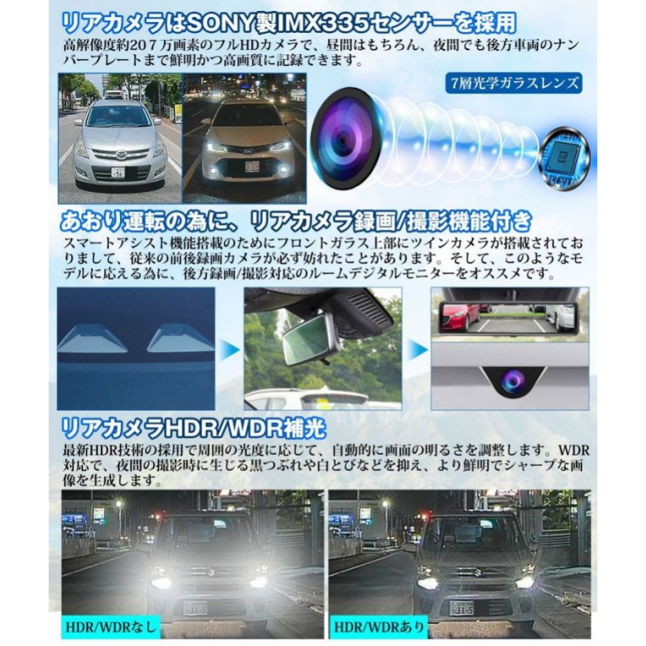ドライブレコーダーミラー型リアカメラのみの後方フォロー特化設計12インチ超ワイド画面上下/左右反転可能フルHD1080PSONYIMX307センサー採用超強暗視HDR/WDR光の反射対策Gセンサー地デジTVノイズ対策済LED信号機対応高温対策駐車監視GPS1年保証