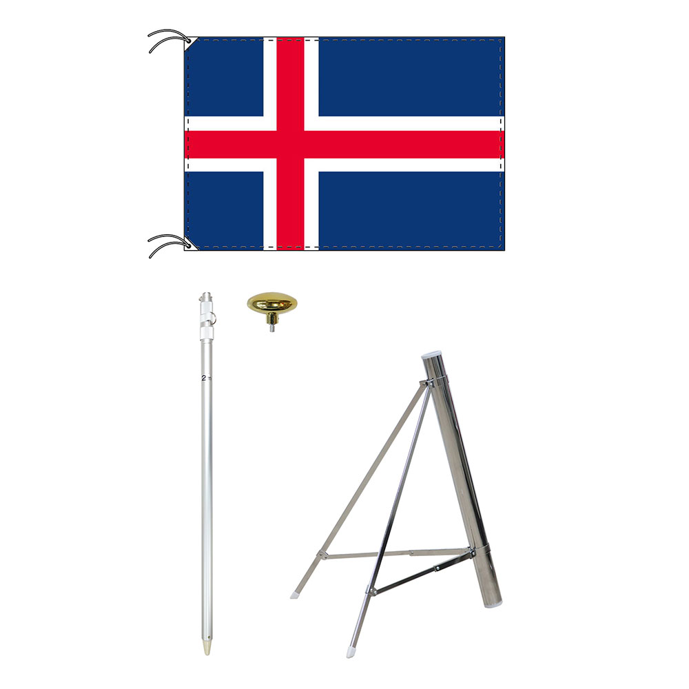 TOSPA アイスランド 国旗 スタンドセット 70×105cm国旗 2ｍポール 金色扁平玉 新型フロアスタンドのセット 世界の国旗シリーズ