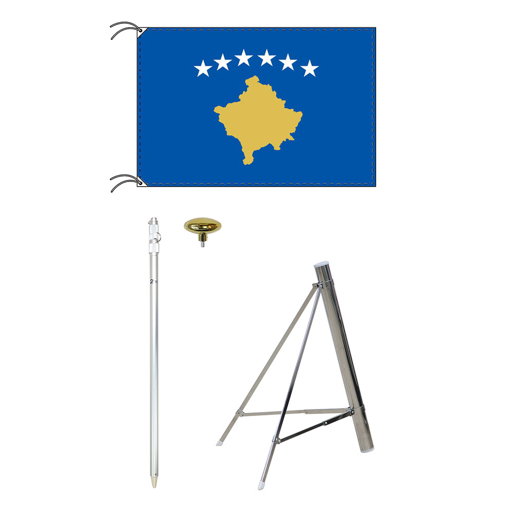 TOSPA コソボ 国旗 スタンドセット 90×135cm国旗 3ｍポール 金色扁平玉 新型フロアスタンドのセット 世界の国旗シリーズ