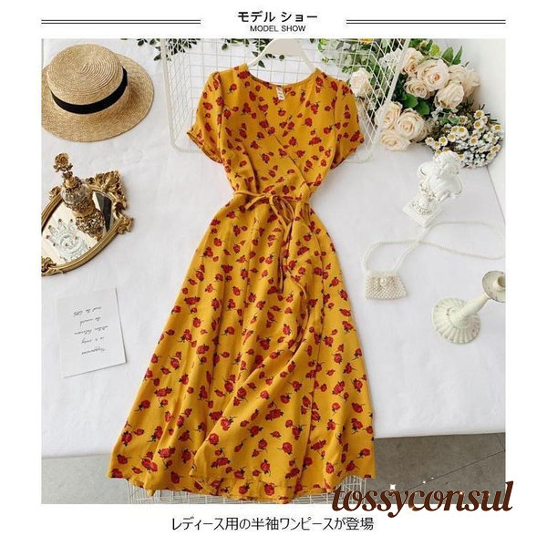 新生活応援 春 夏 ワンピース 半袖 夏ワンピース レディース ロングワンピ 花柄 Vネック レトロ 半袖ワンピ リゾートウェア 花柄ワンピース お洒落|トッシーコンサル