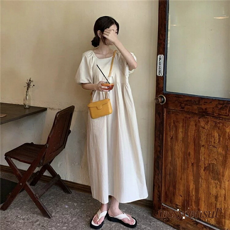 新生活応援 ワンピース レディース カジュアル 夏 20代 キレイめ マキシワンピース 夏 半袖ワンピース 背中リボン パフスリーブスカート ひざ下 韓国風chic風 オシャレ 体型カバー 30代