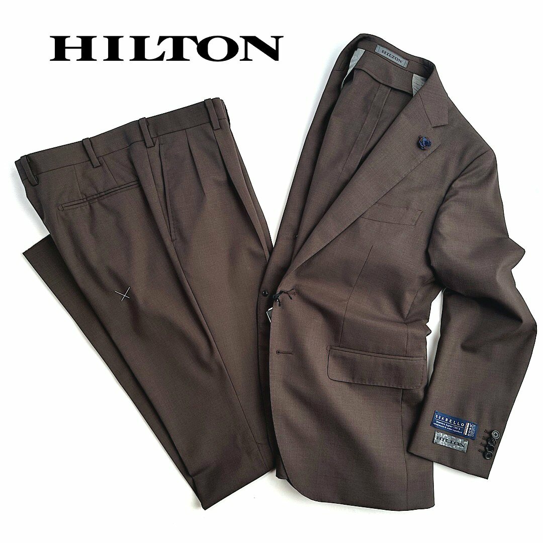 超歓迎新品3955●HILTON ヒルトン●新品 ２パンツ シャドーストライプ STRETCH プレミアムスタイリッシュスーツ　黒グレー/AB5 Mサイズ