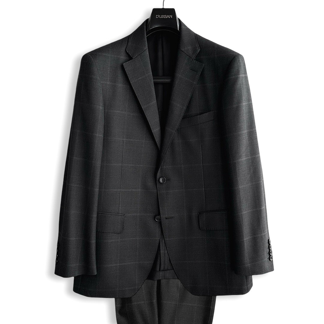 D'URBAN【ダーバン】定価110,000円（税込）日本製 r.a.s.o生地使用オーバーペンウールスーツメンズ スーツ 高級 ブランドダークグレー 春夏秋 グレンチェックA4・A5・A6・AB4・AB7・BB4サイズA体 AB体 BB体｜toto・noel
