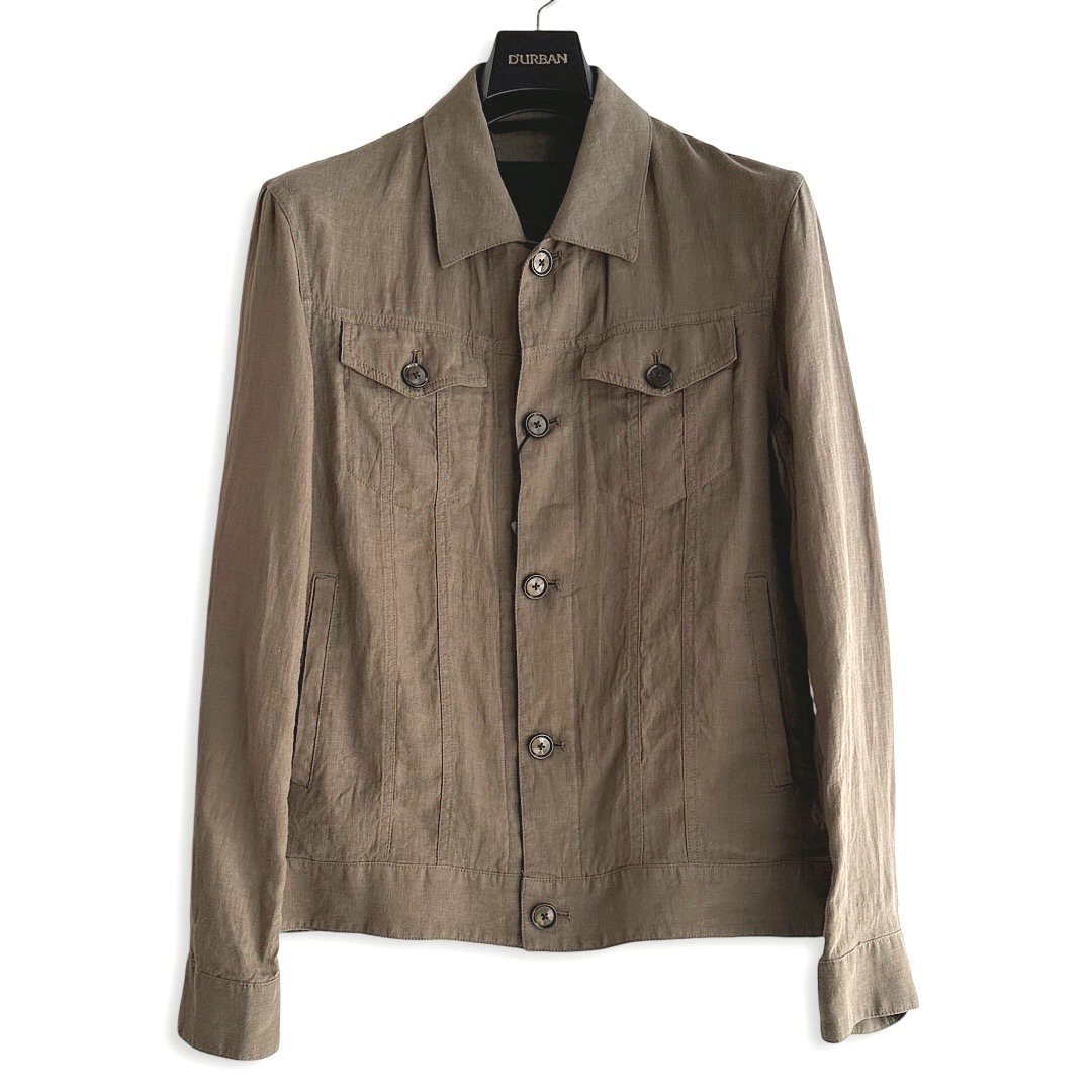 D'URBAN ダーバン定価49,500円（税込）リネンワッシャーブルゾン 麻100％トラッカージャケット シャツアウターリネン カジュアル 春夏 軽量ブラウンベージュ系 薄手メンズ 高級 ブランドM・LLサイズ｜toto・noel