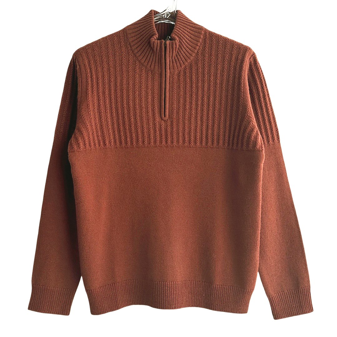 D'URBAN ダーバン ハーフジップニット メンズ キャメル系 ブラウン系 ウール混 編地切替 スタンドカラー セーター 秋冬 M L LL|toto・noel