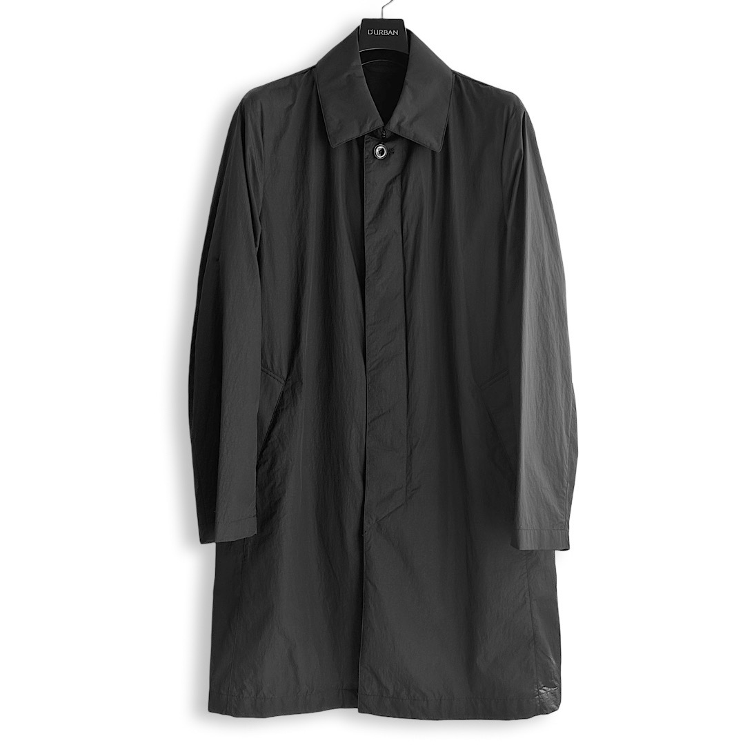 D'URBAN ダーバン パッカブル ステンカラーコート メンズ ブラック 耐水 軽量 ナイロン 比翼 ロングコート レインコート 携帯収納 パッカブルコート ビジネス カジュアル 春 秋 雨天 梅雨 M LL｜toto・noel