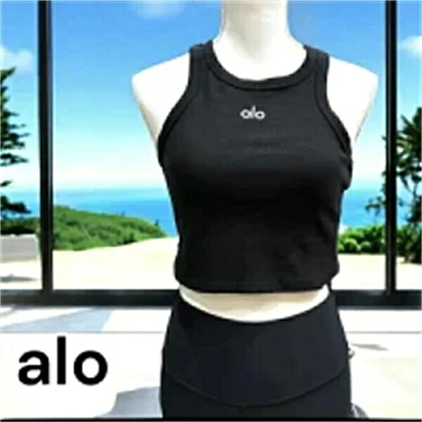 【alo】【Aspire Tank】アロー アスパイアタンクトップ 黒 black 白 ホワイト ロゴ クロップド丈 レディース Mサイズ リブオシャレ ファッション コットン ストレッチ ピラティス ヨガ ジム ウォーキング ランニング 海外輸入 海外品 プレゼント ギフト 【送料無料】 mu