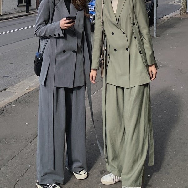 2点セット ツータック 袖あり スーツ マニッシュ レトロ ビッグシルエット ワイドパンツ ツー ジャケット 上下セット 長袖｜totoco