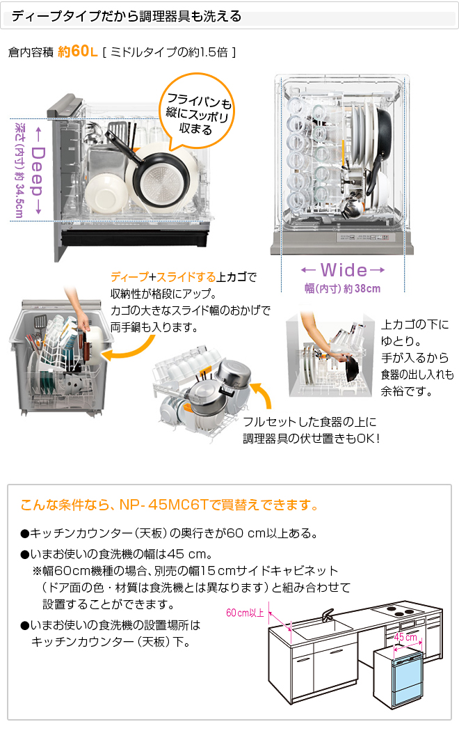 Np 45mc6t パナソニック 食器洗い乾燥機 買替え専用 幅45cm 奥行き60cm対応 ディープタイプ 食器点数 化粧パネル一体型