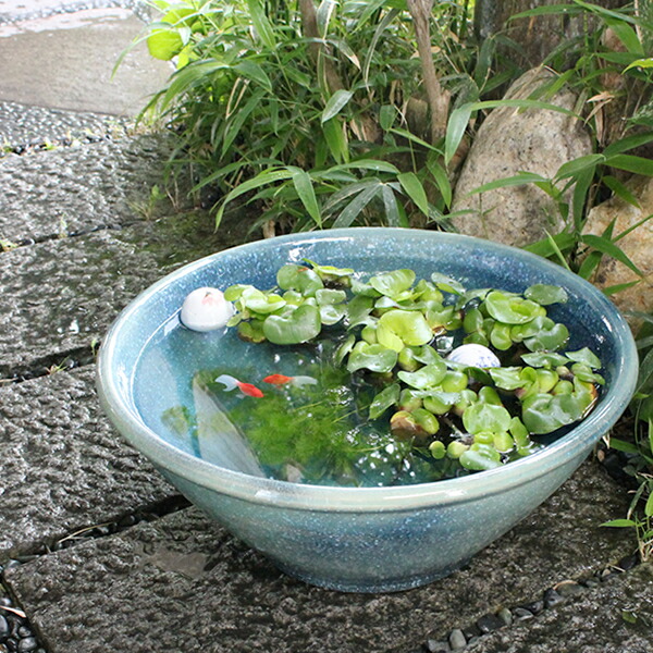 16号ブルーガラス信楽焼すいれん鉢！メダカ鉢、金魚鉢にも＜br ＞最適！睡蓮鉢 陶器スイレン鉢 ハス鉢 はす鉢 めだか鉢 ＜br ＞鉢 陶器 水連鉢 水鉢 睡蓮鉢 信楽焼き睡蓮鉢［su-0165］＜br ＞
