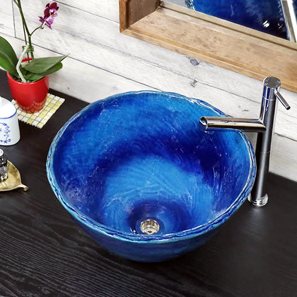 陶器製 洗面ボウル 青い花模様 陶器洗面台 手洗い器 青のたわみ(深)手洗い鉢【小型サイズ】信楽焼き手洗器！陶器の手水鉢