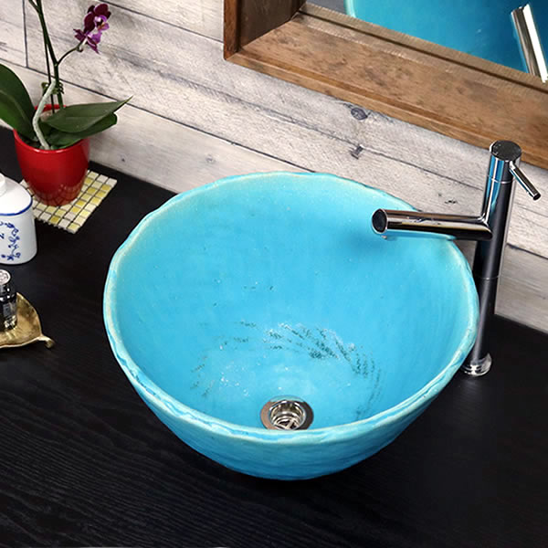 【今だけ限定10%OFFクーポン】手洗い鉢 陶器洗面 信楽焼 洗面ボウル 手洗器 洗面ボール トイレ用 手洗鉢 陶器 洗面鉢 鉢 手洗い器 鉢 洗面シンク 洗面器 洗面台 ボール 和風 やきもの しがらき 青色 トルコブルー tr-2261｜しがらき陶庵