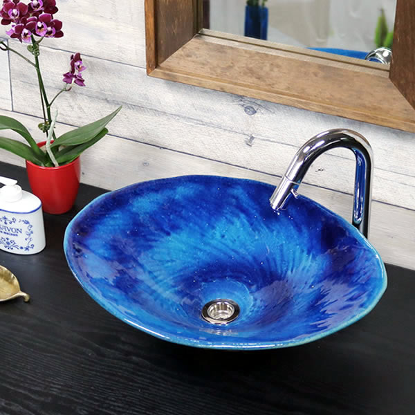 【今だけ限定10%OFFクーポン】青 手洗い鉢 陶器洗面 信楽焼 洗面ボウル 手洗器 洗面ボール 手洗鉢 陶器 洗面鉢 鉢 手洗い器 洗面シンク 洗面器 洗面台 ボール 和風 やきもの しがらき 小判型 楕円型 tr-4124