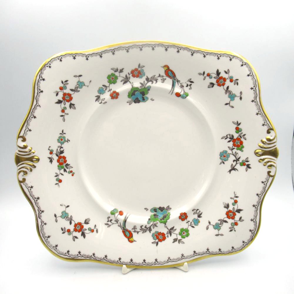 アンティーク B&B プレート 大皿 Tuscan タスカン 鳥柄 一部ハンドペイント イギリス 1930-1936年頃 ヴィンテージ キッチン 欧州雑貨 テーブルウェア 角皿 スクエア 中皿 陶磁器