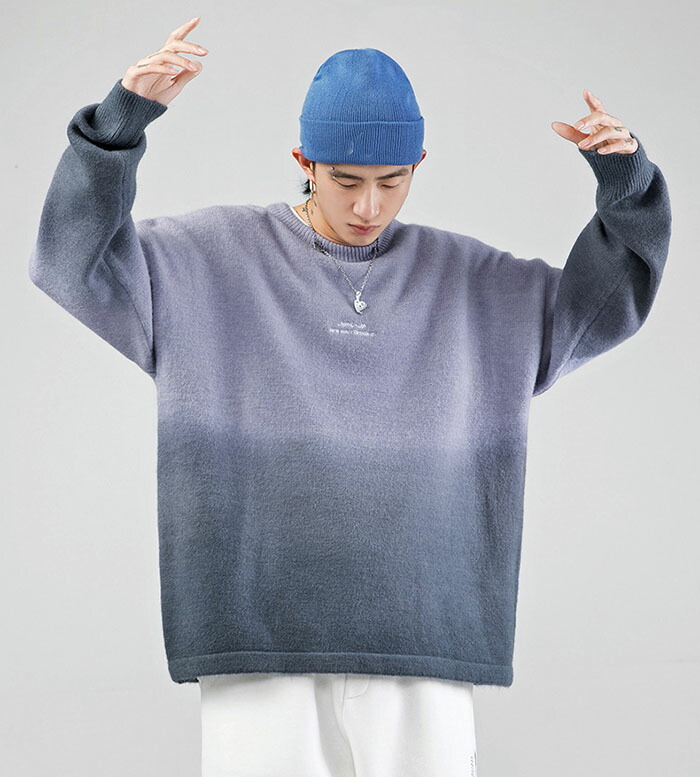 長袖 メンズ セーター 刺繍柄 大きいサイズ リブ付き ラウンドネック 丸首 トップス ゆったり ニットセーター グラデーション