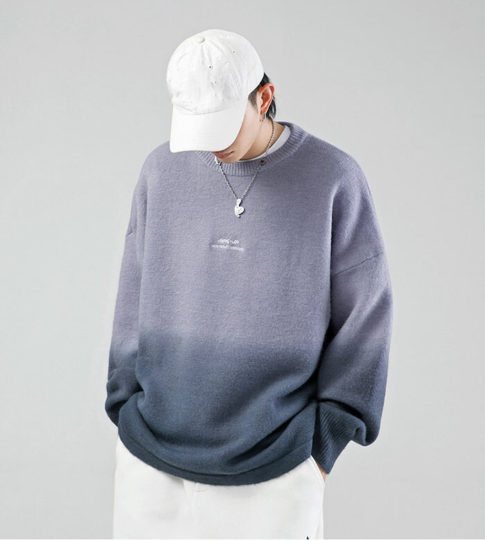 長袖 メンズ セーター 刺繍柄 大きいサイズ リブ付き ラウンドネック 丸首 トップス ゆったり ニットセーター グラデーション