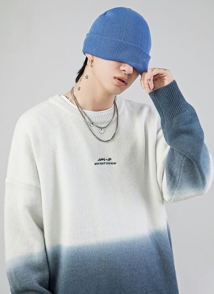 長袖 メンズ セーター 刺繍柄 大きいサイズ リブ付き ラウンドネック 丸首 トップス ゆったり ニットセーター グラデーション