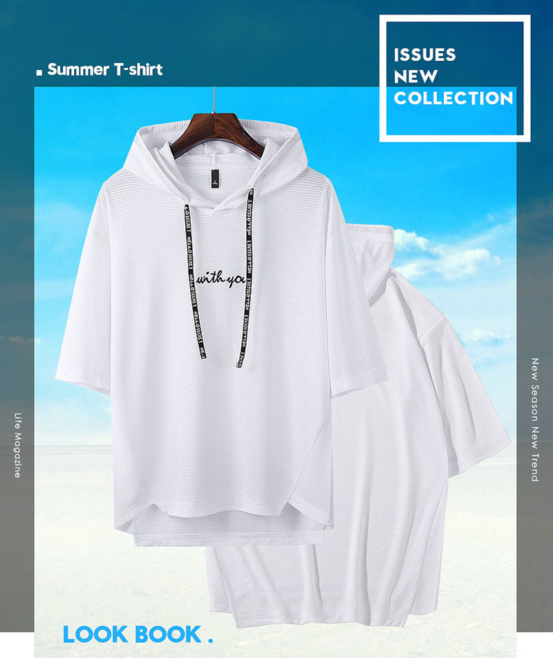 全4色 メンズ プルオーバー カットソー 薄手 Tシャツ 夏用パーカー 刺繍柄 パーカ フード付き 半袖パーカー