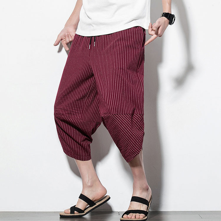 メンズ サルエルパンツ 縦ストライプ 七分丈 サルエル パンツ ゆったり ハーフパンツ アラジンパンツ 大きいサイズ 縦縞 ワイドパンツ