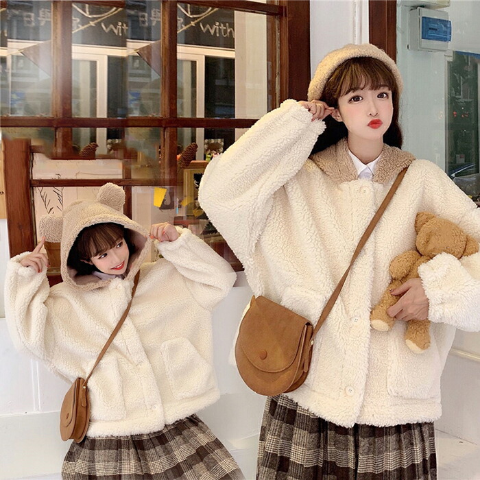 ボアコート ボアブルゾン レディース 熊耳 ボアジャケット フード付き クマ耳パーカー もこもこ フリース ふわふわ 熊