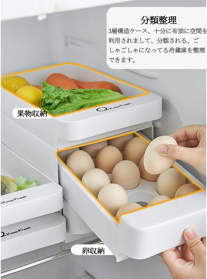 楽天市場 卵ケース 卵入れ 卵ボックス たまご収納 三層構造 エッグホルダー 野菜収納トレー 収納 冷蔵庫用 引き出し式 卵 玉子入れ 卵置くケース 割れない 食品 果物 野菜 シンプル 引き出し 分類整理 大容量 耐用性 丈夫 安定 通気性 安全 新鮮 清潔 冷蔵庫 家庭用