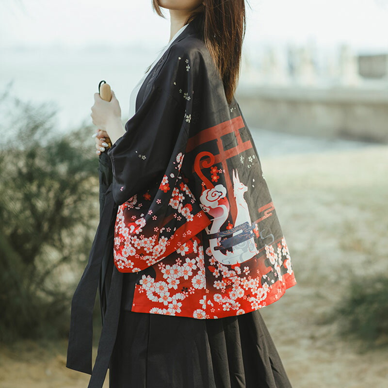 レディース 羽織り 狐面 カーディガン コート ゆったり はっぴ 和柄 キツネ 浴衣 狛犬 桜 トップス 袢天 着物風カーディガン メンズ