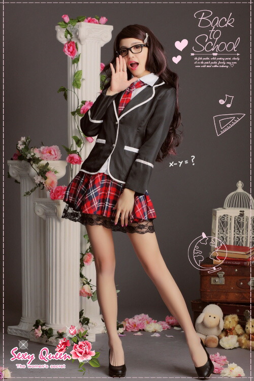 School Uniform Party Costume Set Black & White & Red