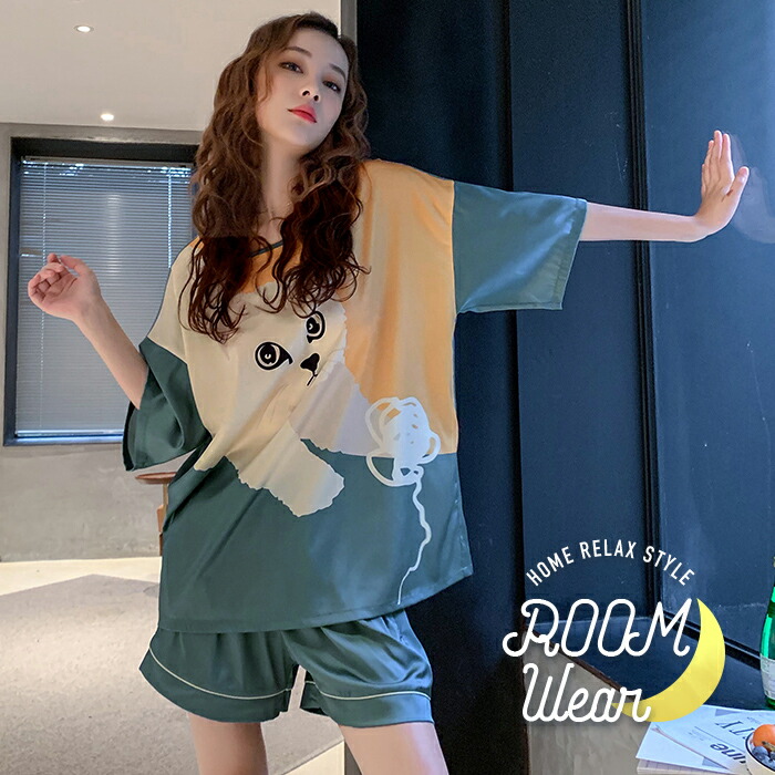 パジャマ レディース 半袖 ルームウェア ショートパンツ 短パン セット 可愛い 上下セット 春 夏 猫 柄 プリント ゆったり 寝巻き 大きめ グリーン 外出 ワンマイル 部屋着 おしゃれ Roomwear 通販 Crunchusers Com