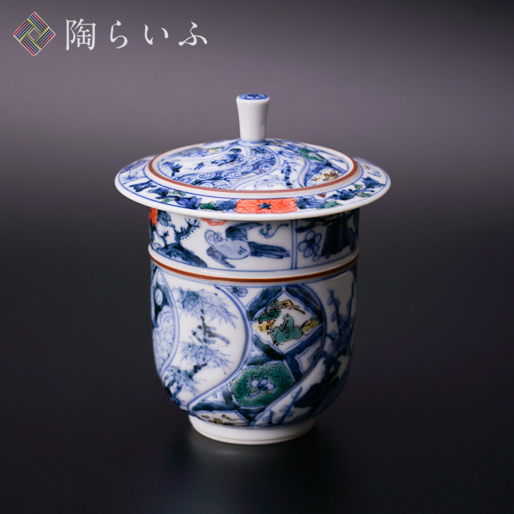 九谷焼 蓋付湯呑 色絵祥瑞/山本長左（宮内庁御用窯）＜送料無料＞和食器 湯呑 湯飲 人気 ギフト セット 贈り物 結婚祝い/内祝い/お祝い＞ 木箱入り
