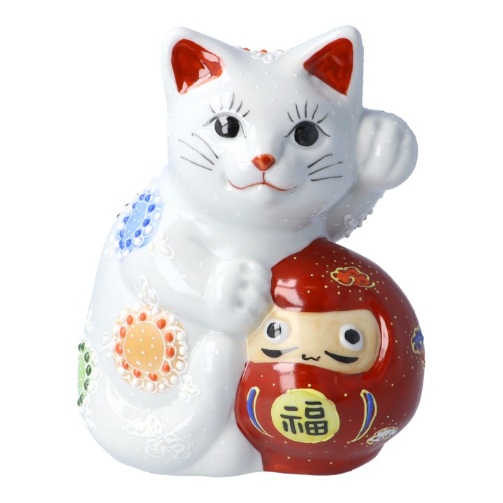 九谷焼 5号達磨招き猫　白盛＜送料無料 置物 縁起物 招き猫 人気 ギフト 贈り物 結婚祝い/内祝い/お祝い/＞
