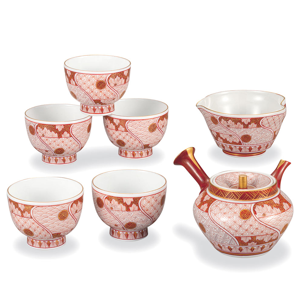 【限定品】九谷焼 小茶器揃 赤絵小紋 / 西野昭月 | 茶器 湯呑 セット 贈答品 法人ギフト 桐箱入り