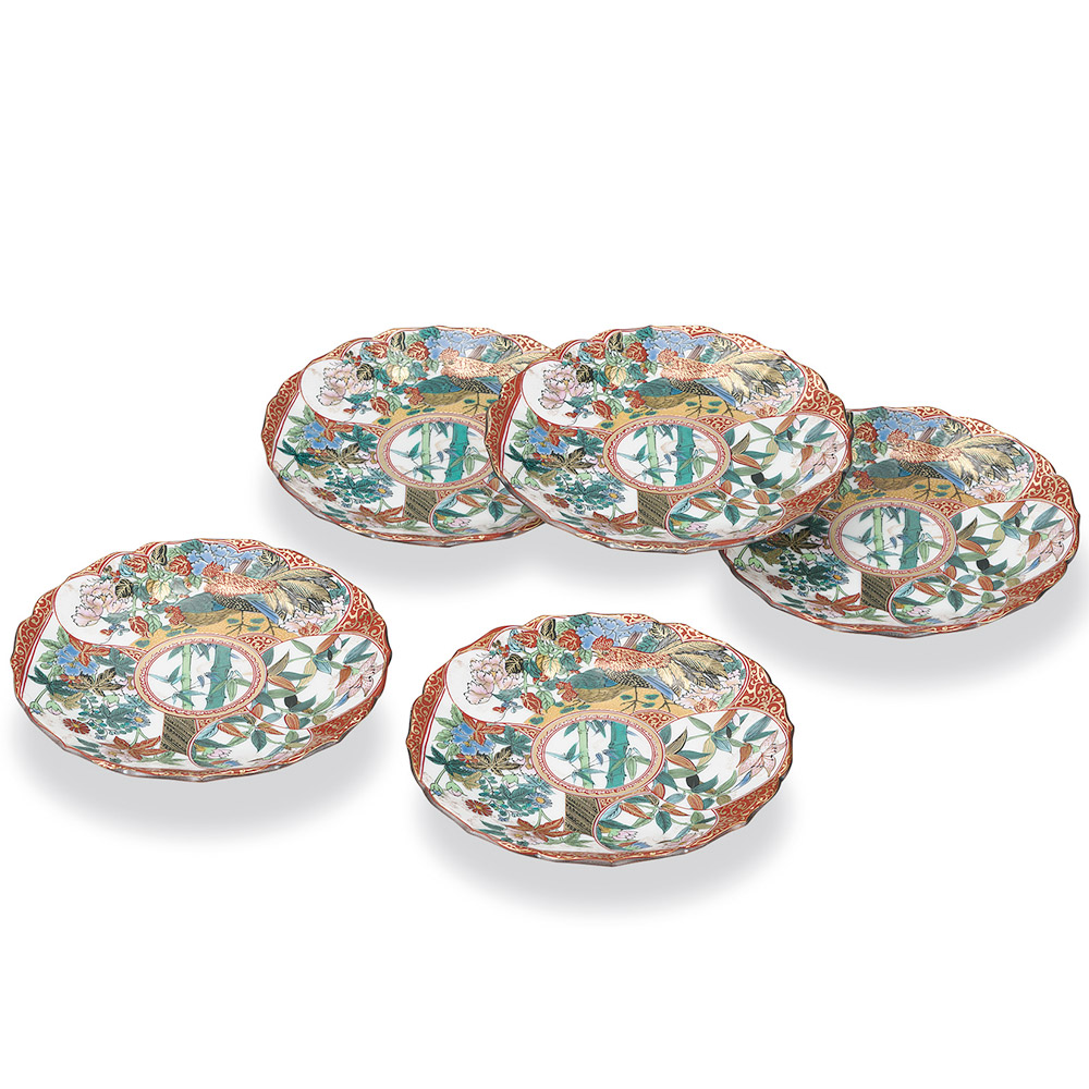 九谷焼 青郊窯 4号皿 5枚セット 吉田屋風丸紋間取花鳥 新品 直径約14cm
