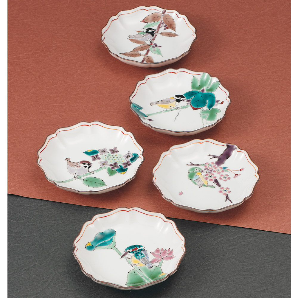 九谷焼 4.3号皿揃 絵変わり花鳥/大志窯＜送料無料 和食器 皿 人気 ギフト 贈り物 結婚祝い/内祝い/お祝い/＞ 化粧箱入り 27,720円