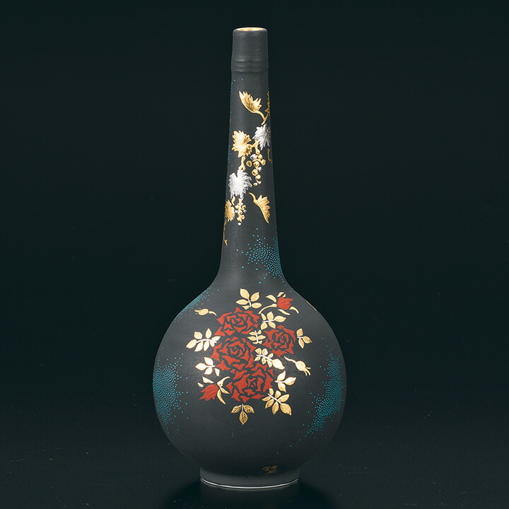 九谷焼 花入 白金盛薔薇葡萄図青粒/仲田錦玉＜送料無料 花瓶 花器 人気 ギフト 贈り物 結婚祝い/内祝い/お祝い/＞ 桐箱紐通し入り
