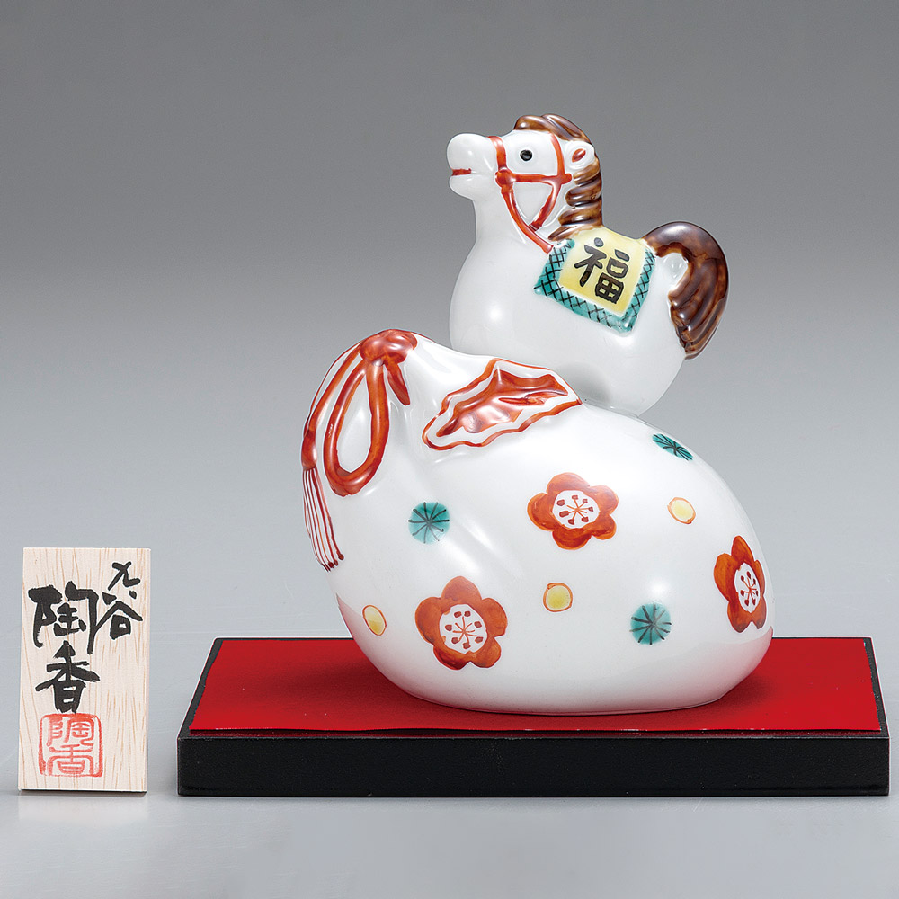 九谷焼 染付 寒山拾得 人物置物 2体セット 共箱付き 楽天市場】九谷焼 2.7号午 赤金彩（敷物・立札付） ＜2026年 十二支 午