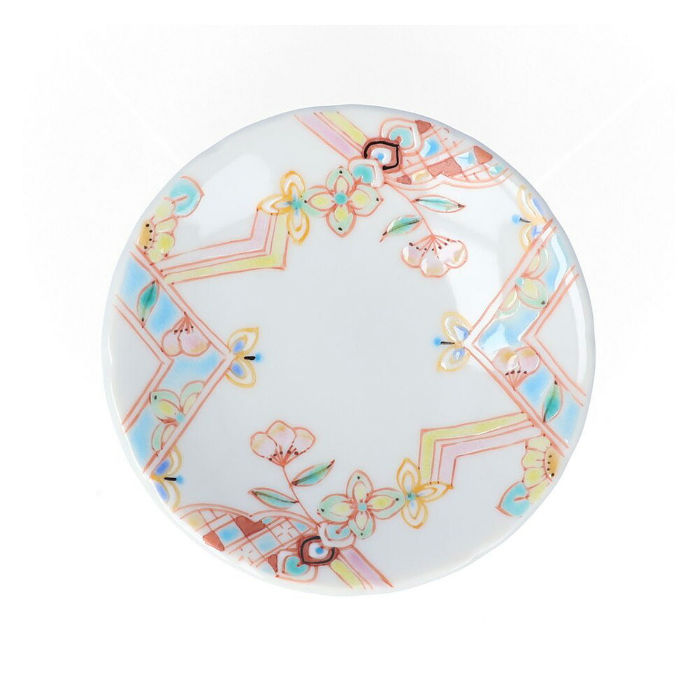 九谷 小皿 滝水辺女人菱紋菊花図 4客