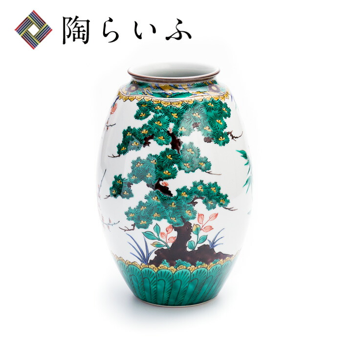 描きこみ見事！【九谷花瓶　色彩花器 山水緑主体に色絵多色・RR・】◆鑑賞陶磁器 描きこみ見事！【九谷花瓶 色彩花器 山水緑主体に色絵多色・RR