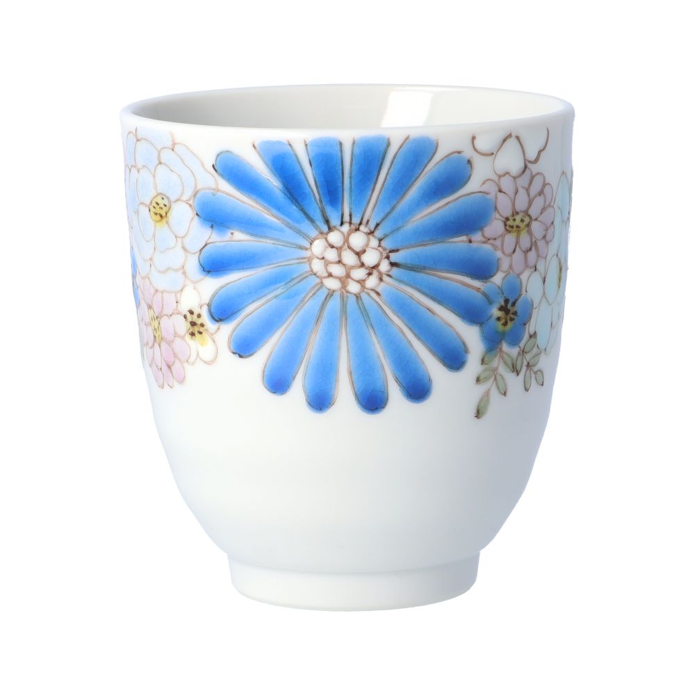 九谷焼 湯呑 華 ブルー / 色絵遊 | 陶器 湯飲み コップ 鮮やか 落ち着き お祝い 贈り物 プレゼント ギフト 結婚祝い 内祝い 敬老の日 紙箱入り