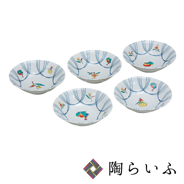 九谷焼　新品　5号皿揃　染付宝紋花鳥　5枚　中皿　青郊窯 SALE 【九谷焼SALE】宝紋花鳥 5号皿〈5枚〉 |皿や鉢など和食器の
