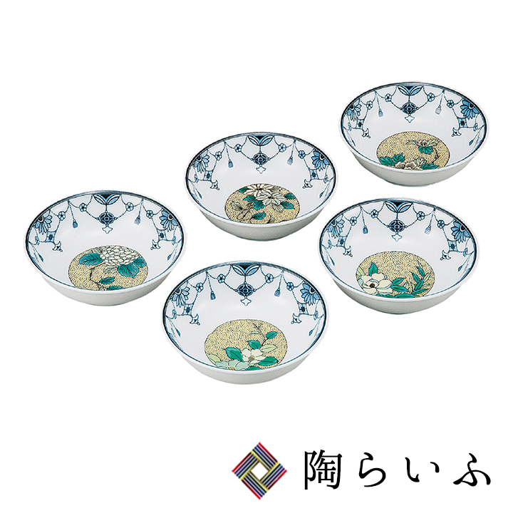 九谷焼　美山窯　小鉢揃　5枚セット　窓絵蛸唐草　色絵　八角鉢　和食器　青手青海波 九谷青窯 - 九谷焼 美山窯 絵変わり 花鳥 小鉢揃 5枚セット 豆鉢