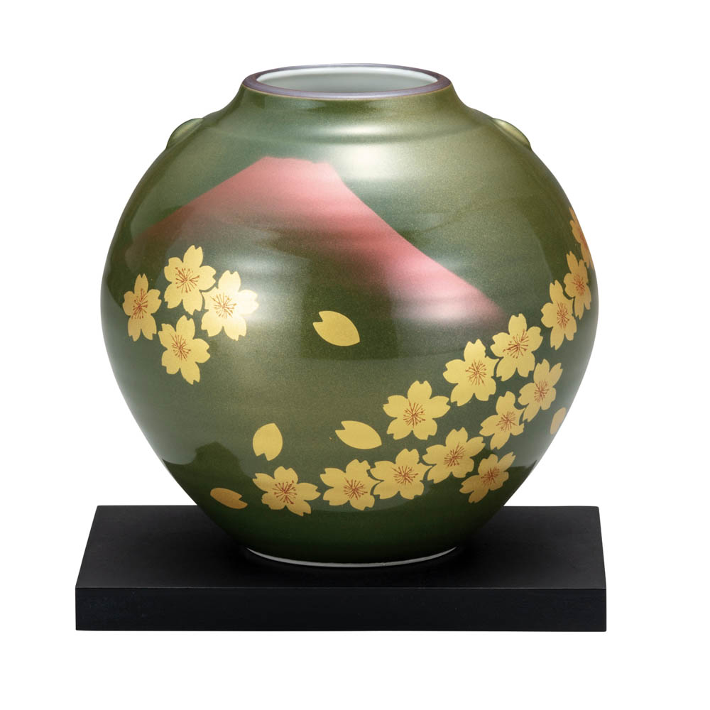 九谷焼 5.5号花瓶 赤富士桜（台付） ＜送料無料 花瓶 花器 人気 ギフト 贈り物 結婚祝い/内祝い/お祝い/＞ 化粧箱入り