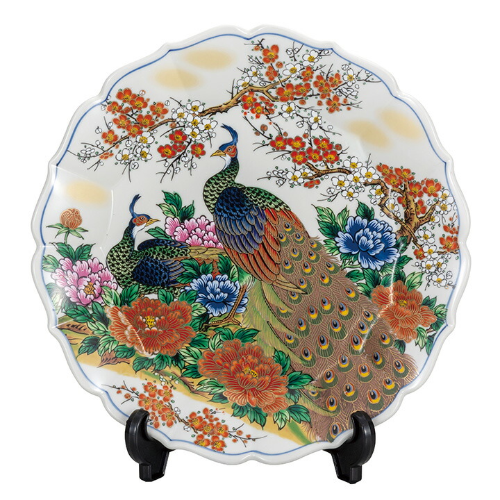 AG67 九谷焼 光崖 大皿 赤絵金彩 孔雀ニ羽 ピーコック 花鳥図 共箱皿立付 AG67 九谷焼 光崖 大皿 赤絵金彩 孔雀ニ羽 ピーコック 花鳥図 共箱皿