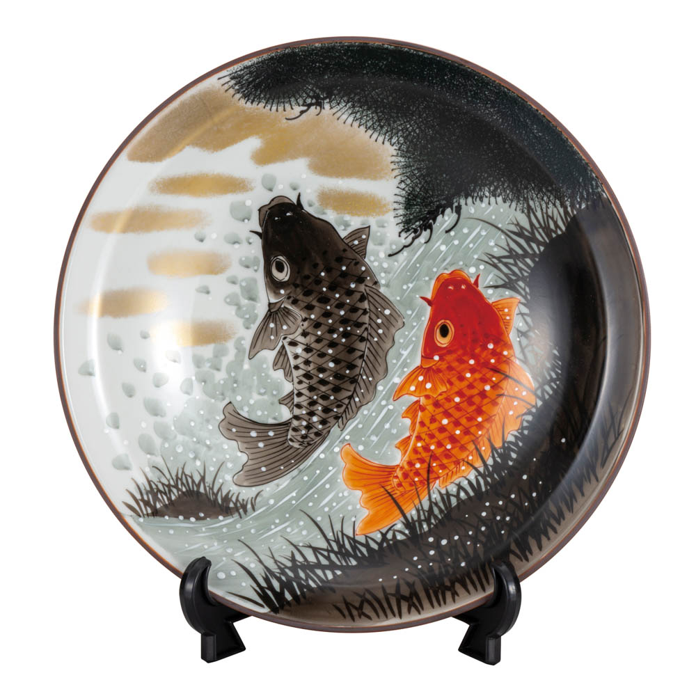 新品・未使用 久谷焼 飾皿 隆生作 大皿 楽天市場】九谷焼 9号飾皿金箔鶴文（皿立付）/北村隆＜送料無料
