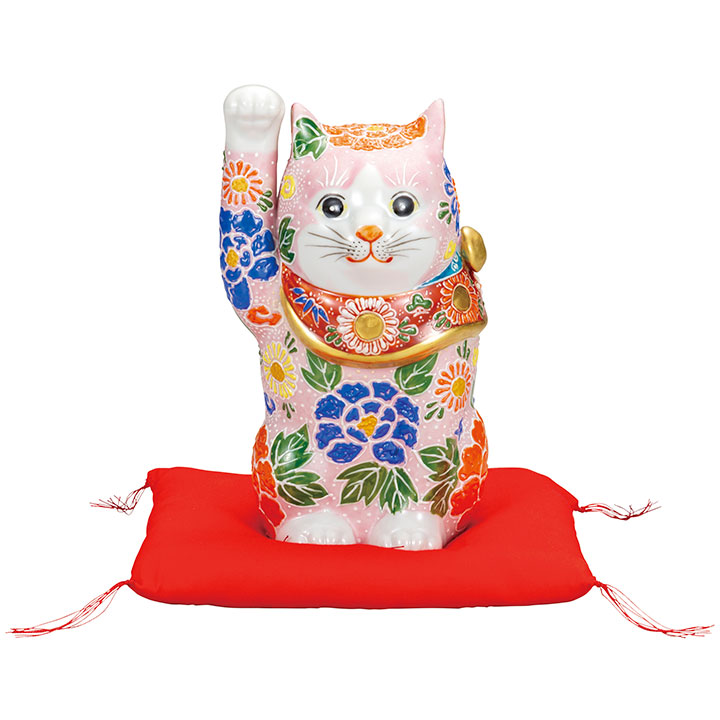 ☆【縁起物】九谷焼・招き猫・陶器製・日本製 Lucky Cat 九谷焼】3.3号 招き猫 白盛花 左手 千客万来 縁起物 置物 Maneki