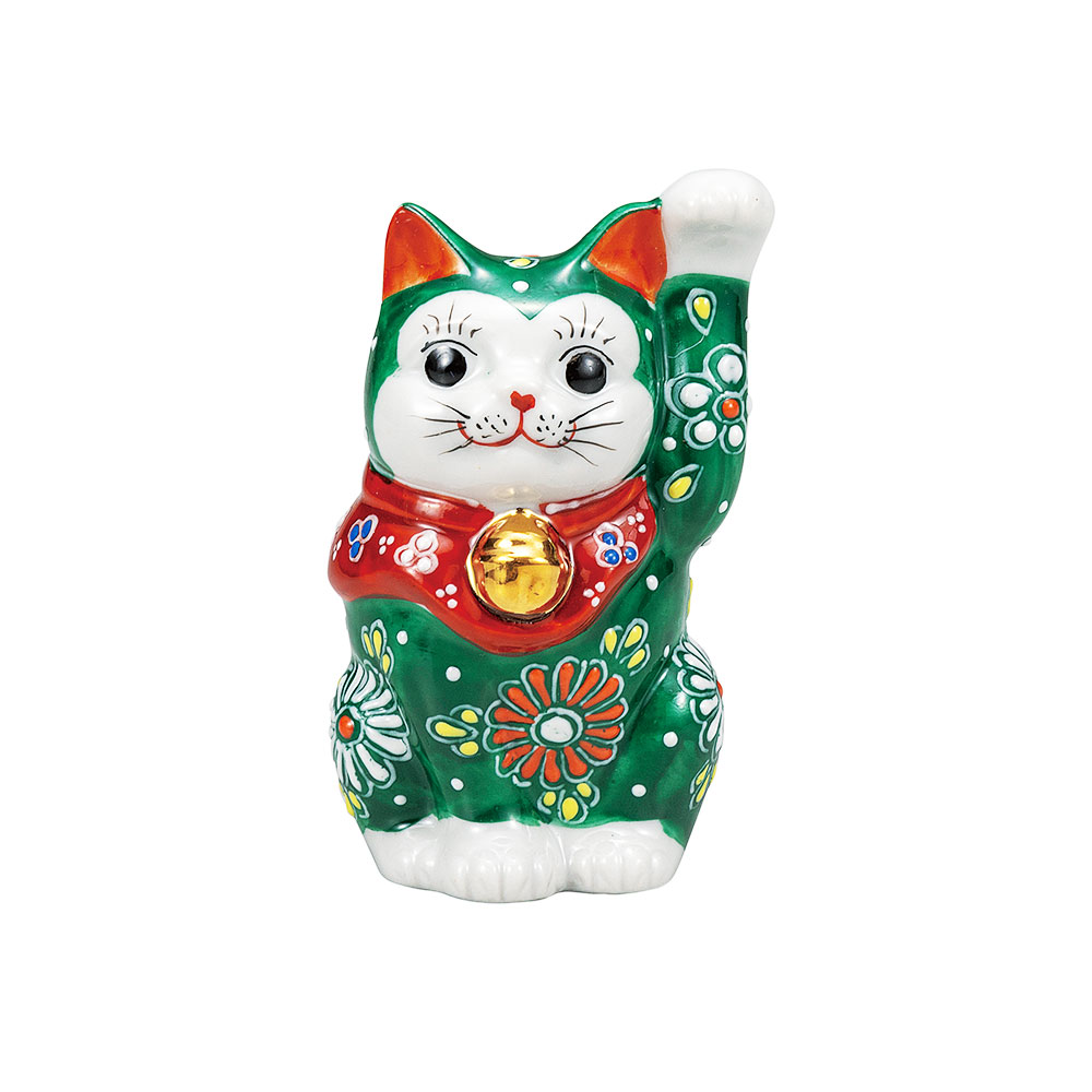 九谷焼 2.8号招き猫 緑盛＜送料無料 置物 縁起物 招き猫 人気 ギフト 贈り物 結婚祝い/内祝い/お祝い/＞｜使う・贈る 九谷焼専門店 陶らいふ
