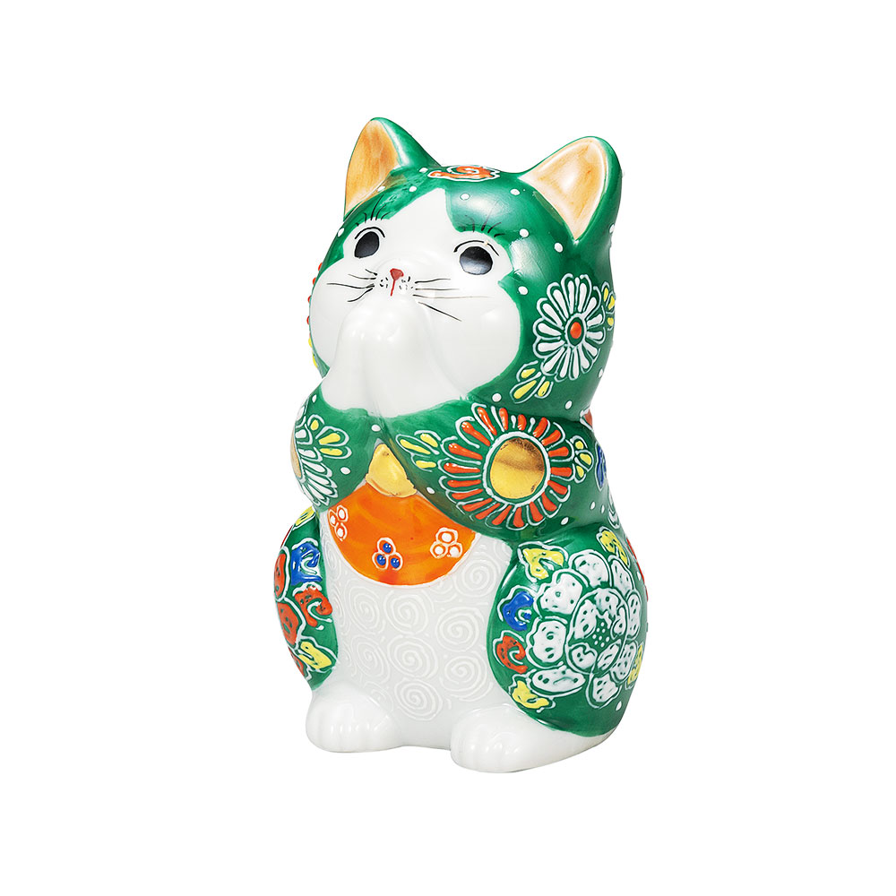 九谷焼 3.8号お祈り猫 緑盛＜送料無料 置物 縁起物 招き猫 人気 ギフト 贈り物 結婚祝い/内祝い/お祝い/＞｜使う・贈る 九谷焼専門店 陶らいふ