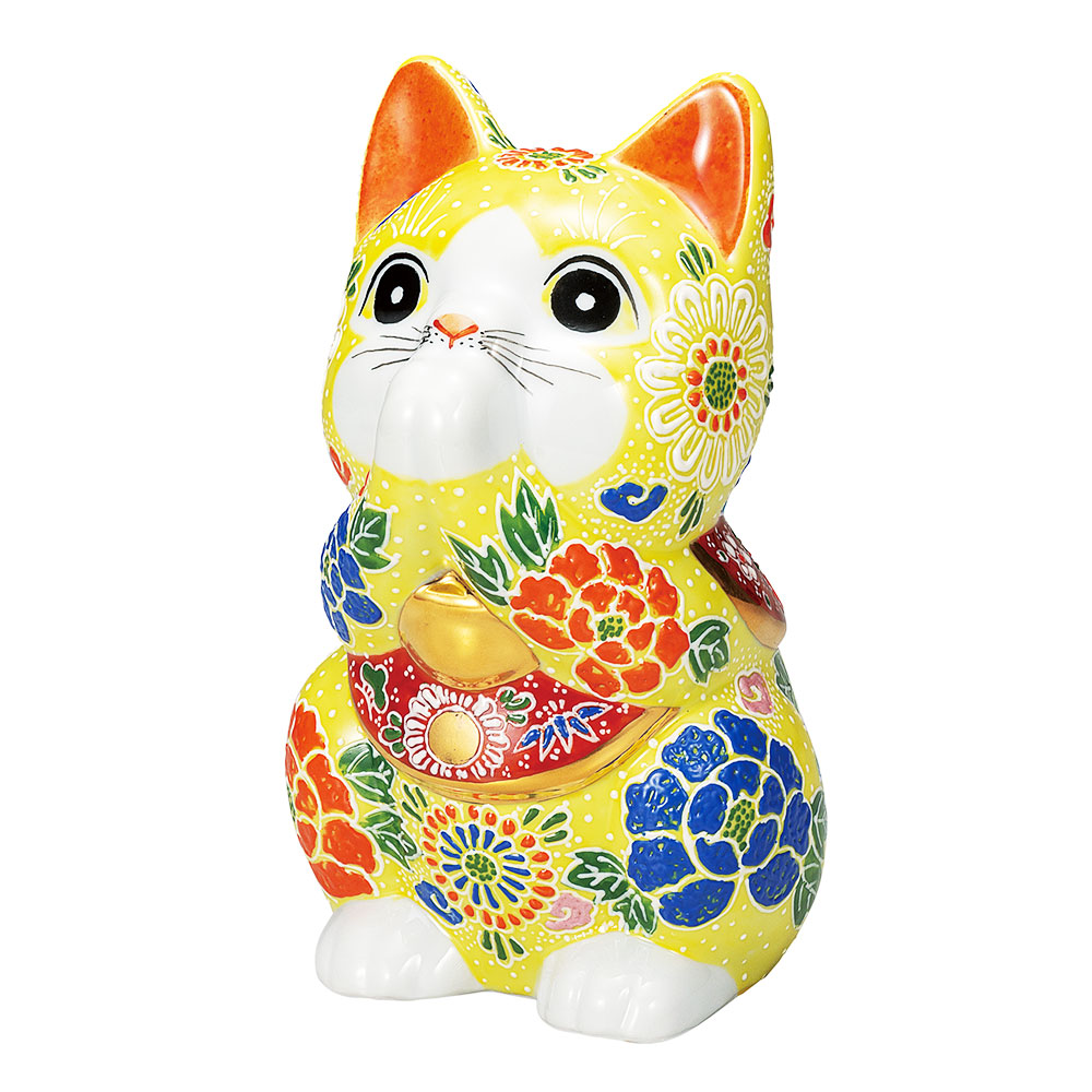 九谷焼 7号お祈り猫 黄盛＜送料無料 置物 縁起物 招き猫 人気 ギフト 贈り物 結婚祝い/内祝い/お祝い/＞