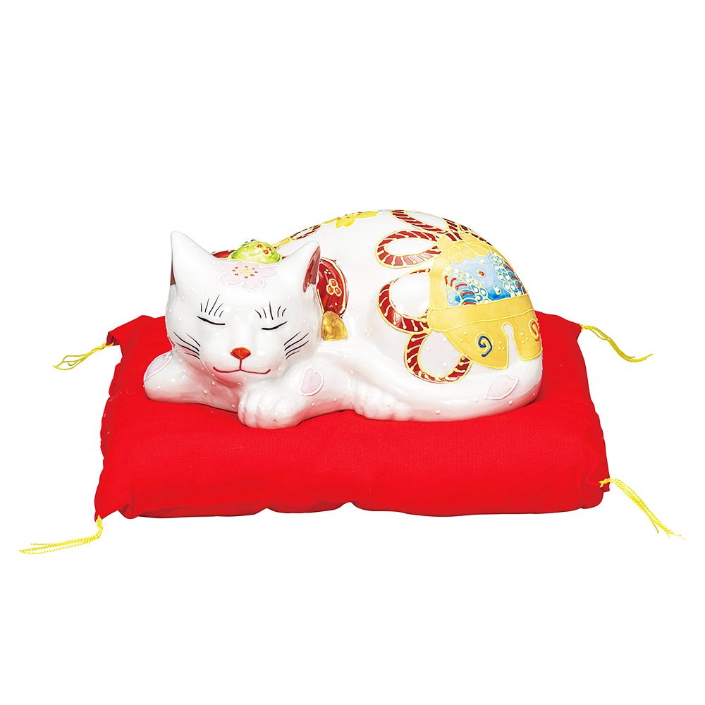 楽天市場】九谷焼 眠り猫 置物 花むらさき 座布団付（全長 約17cm